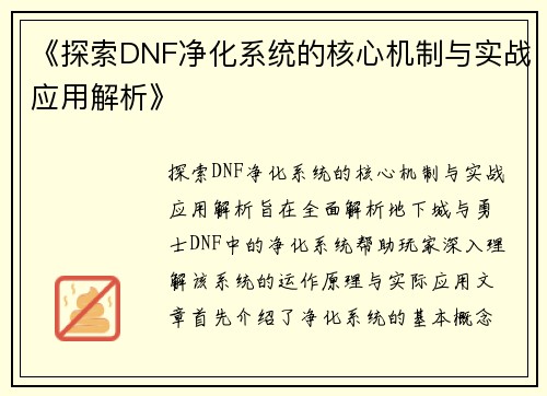 《探索DNF净化系统的核心机制与实战应用解析》
