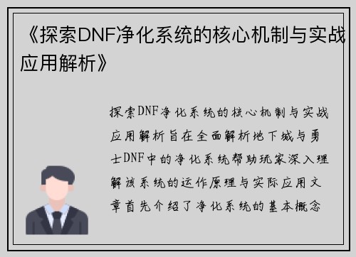 《探索DNF净化系统的核心机制与实战应用解析》