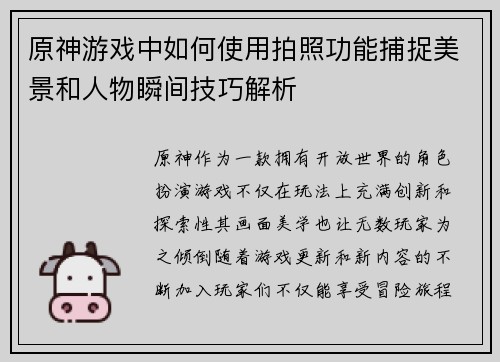 原神游戏中如何使用拍照功能捕捉美景和人物瞬间技巧解析
